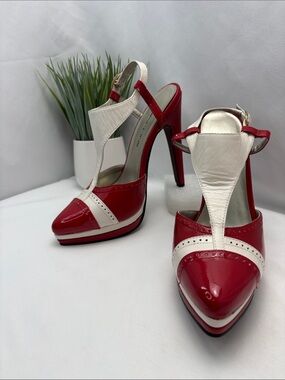 Bellini Women’s 8.5 Red and White Patent T-Strap High Heel Stilettos #382